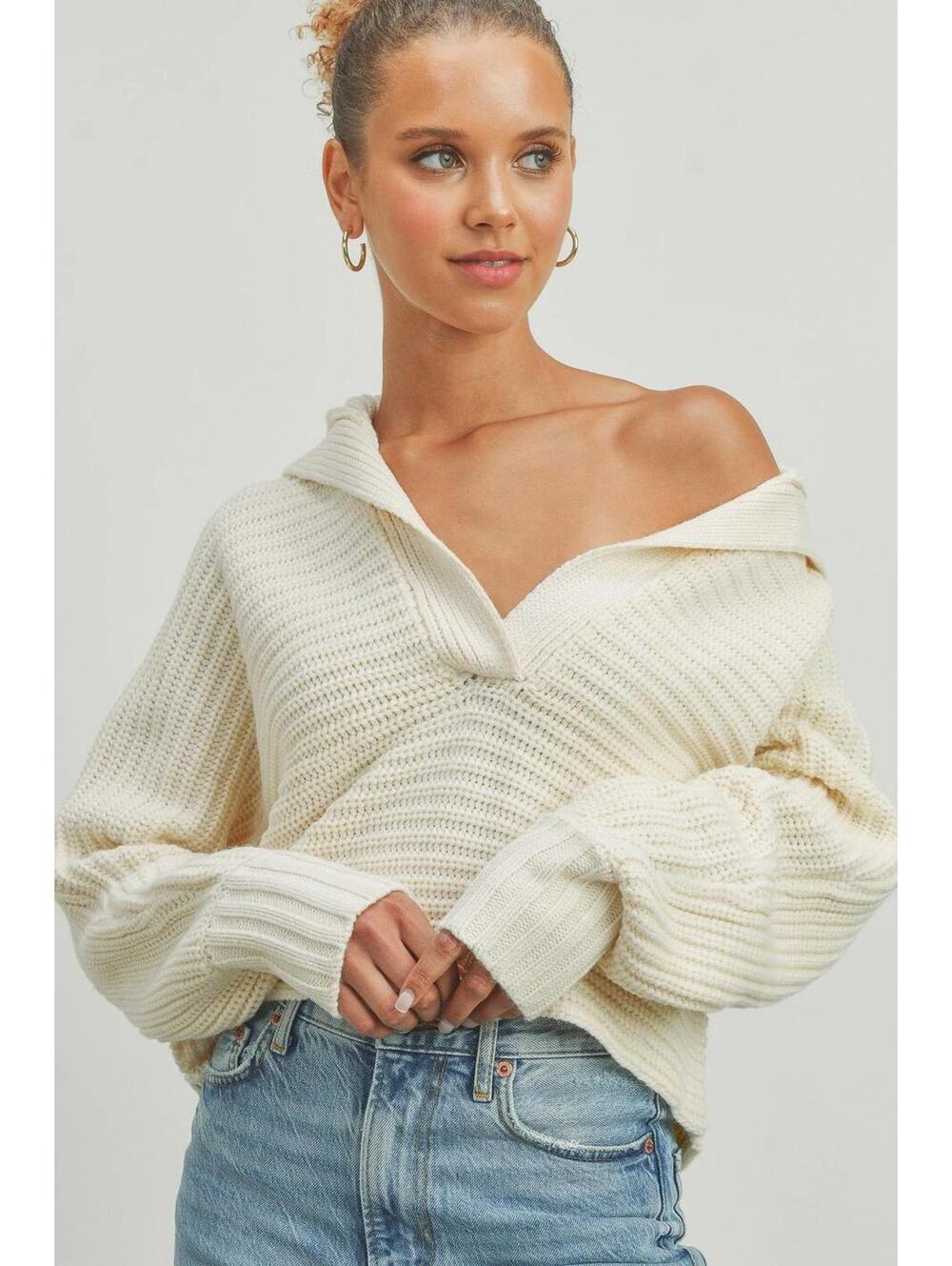 Cream DRAMA COLLAR V NECK SWEATER [COPY]